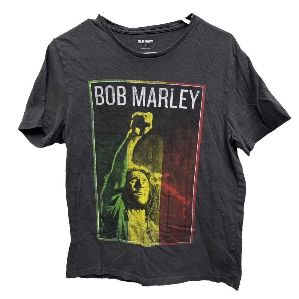 Old Navy Bob Marley Short Sleeve Dark Gray T Shirt Men M Graphic Cotton Flag